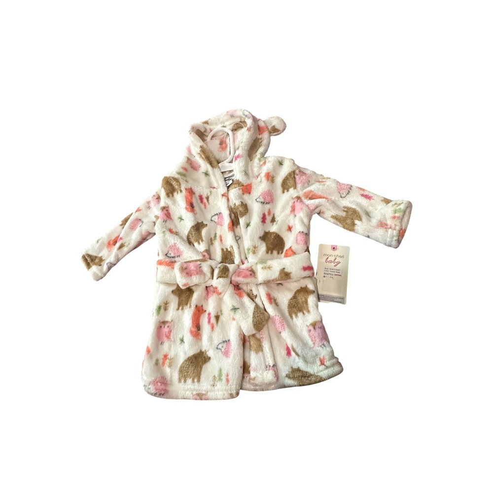 NWT Mon Cheri‎ Baby Woodland Animal Plush Hooded Robe Vanilla Multi 0-9M